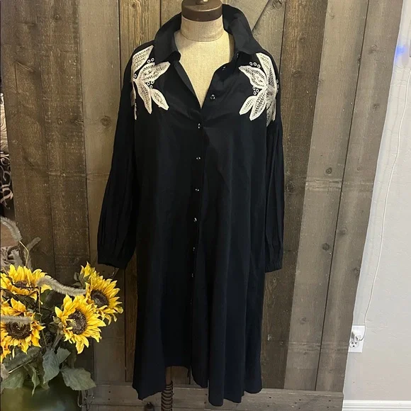 Anthro Embroidered Black Cover Up Dress Cotton Oversized Boho Beach - Picture 5 of 16